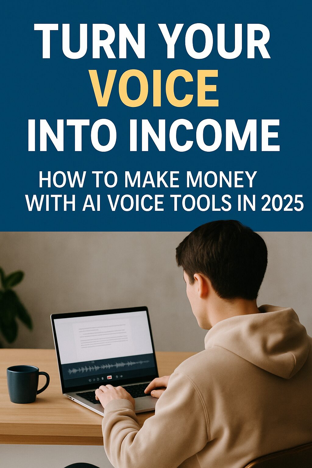 A microphone and waveform graphic representing AI voice monetization in 2025