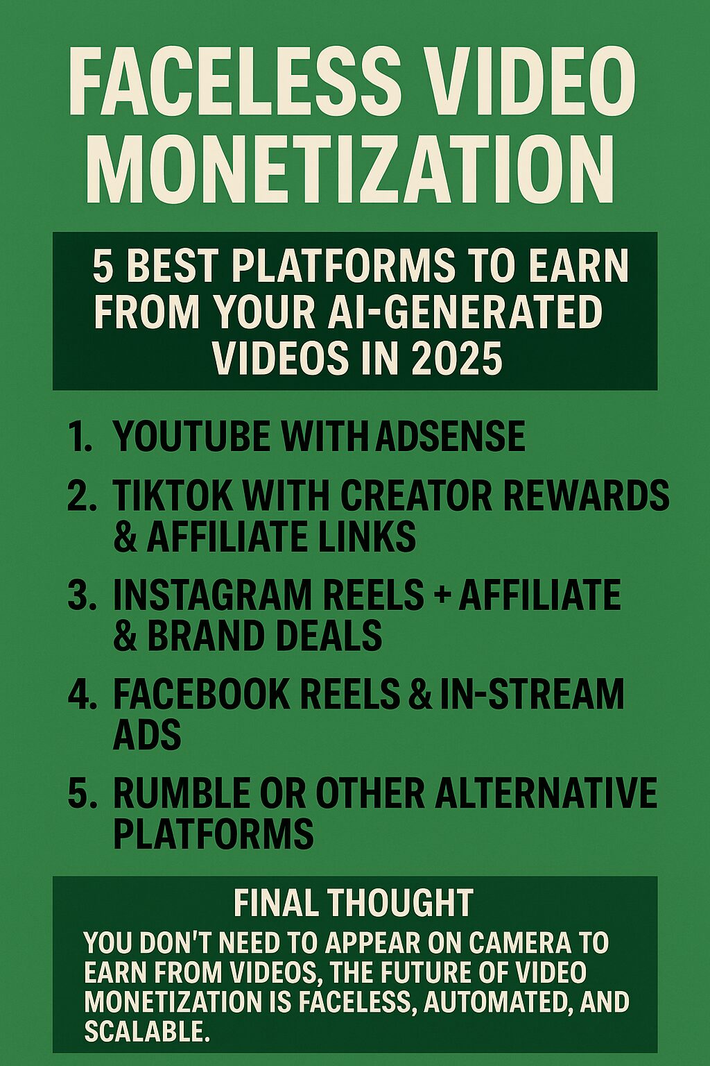 An AI-generated video thumbnail showing icons of YouTube, TikTok, Pinterest, Instagram, and Discord for faceless video monetization in 2025