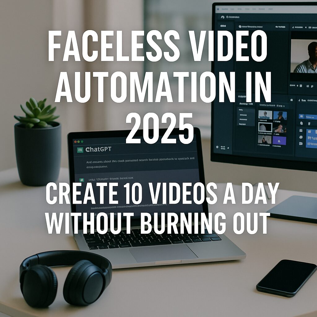 A digital workspace with AI tools, voice software, and video automation apps used to create faceless content in 2025