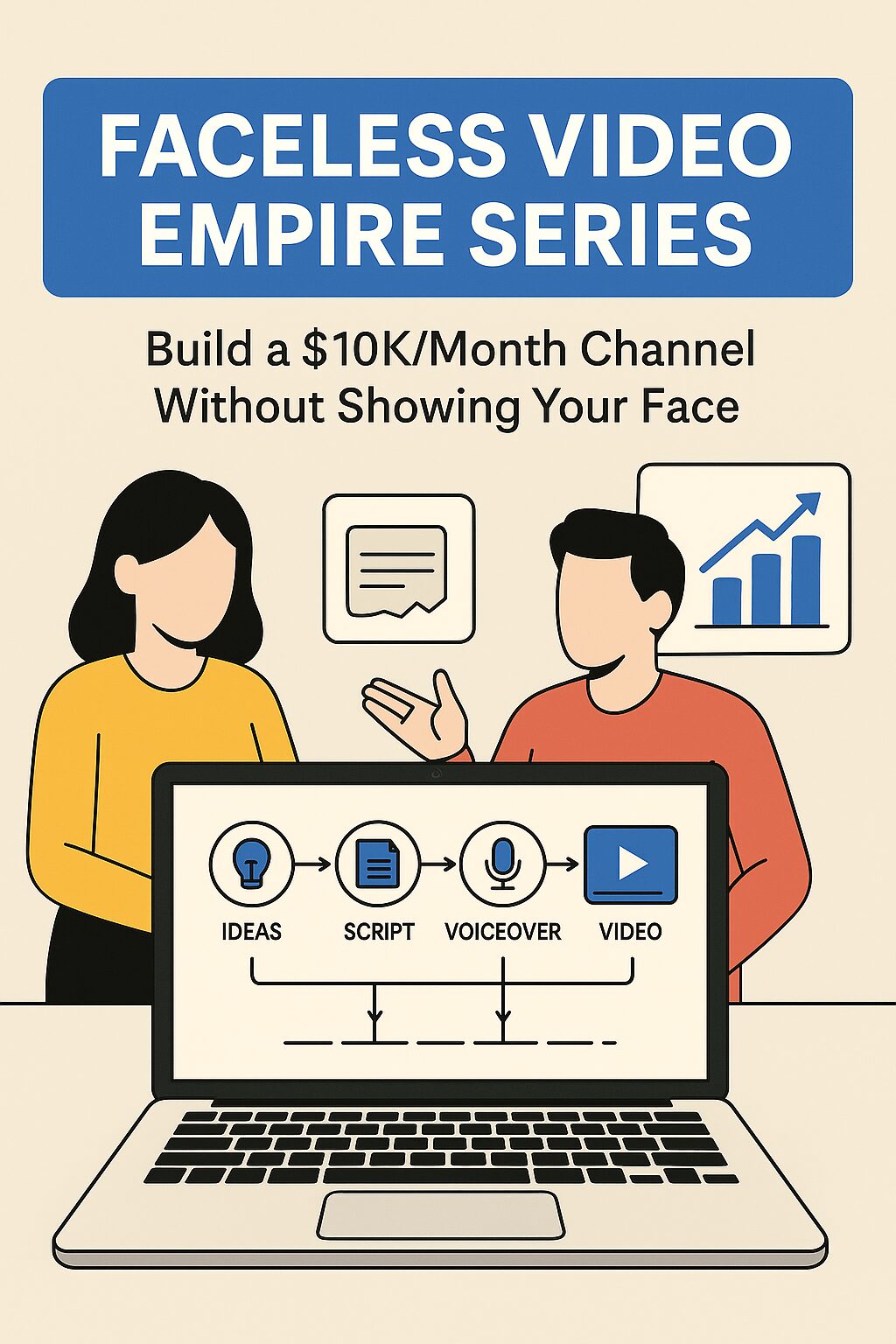 Faceless video creators building a content system on laptop with $10K/month headline.