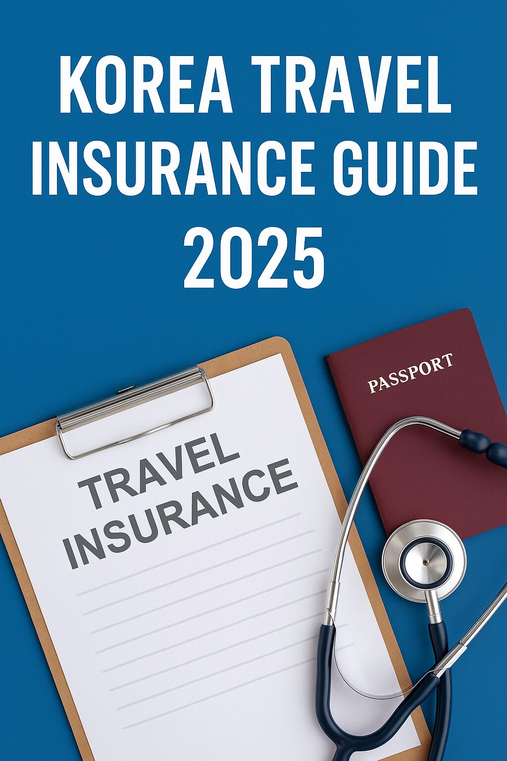 A document and stethoscope representing travel insurance for Korea