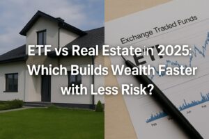 A modern suburban house beside a financial chart showing ETF trends, symbolizing investment choices in 2025.