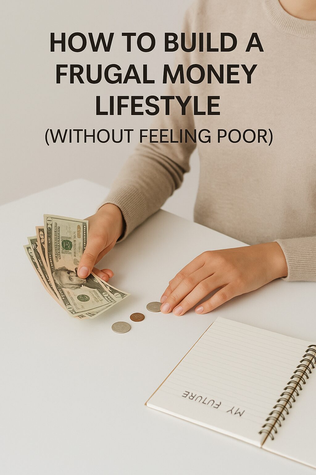 A person organizing dollar bills and coins on a clean table with a notebook labeled “My Future”. The image conveys minimalist financial planning.