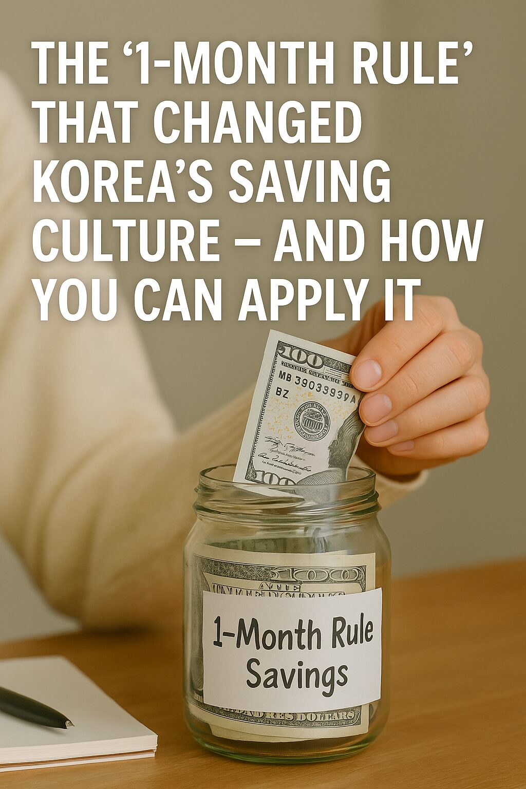 A dollar bill being placed into a glass jar labeled "1-Month Rule Savings"