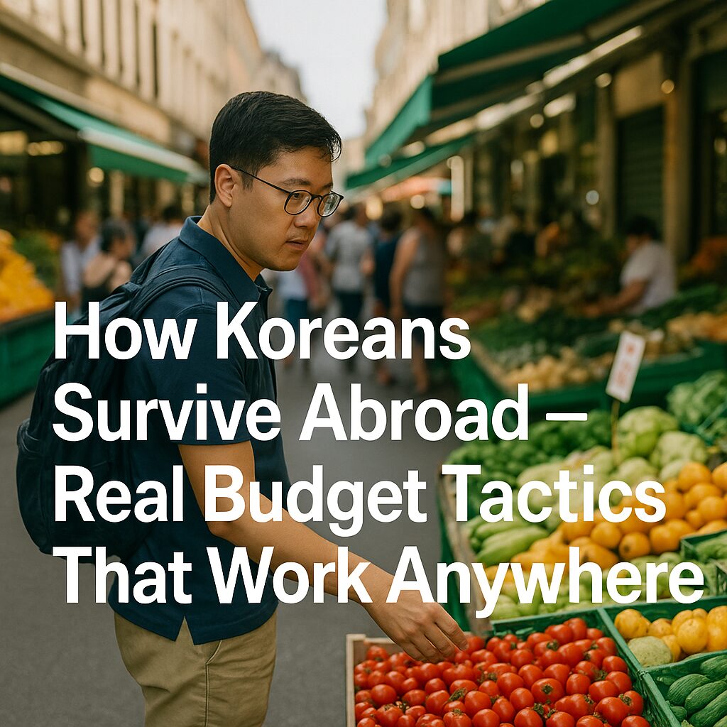 A Korean student saving money abroad by budgeting carefully in a small apartment kitchen