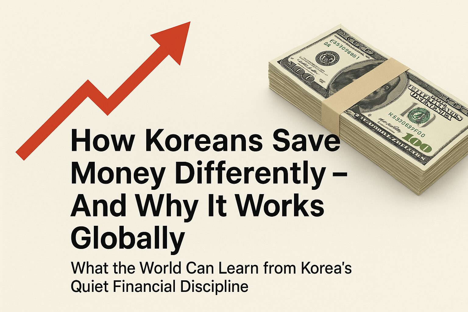 A stack of U.S. dollar bills next to a rising red arrow, symbolizing global financial success inspired by Korean saving habits.