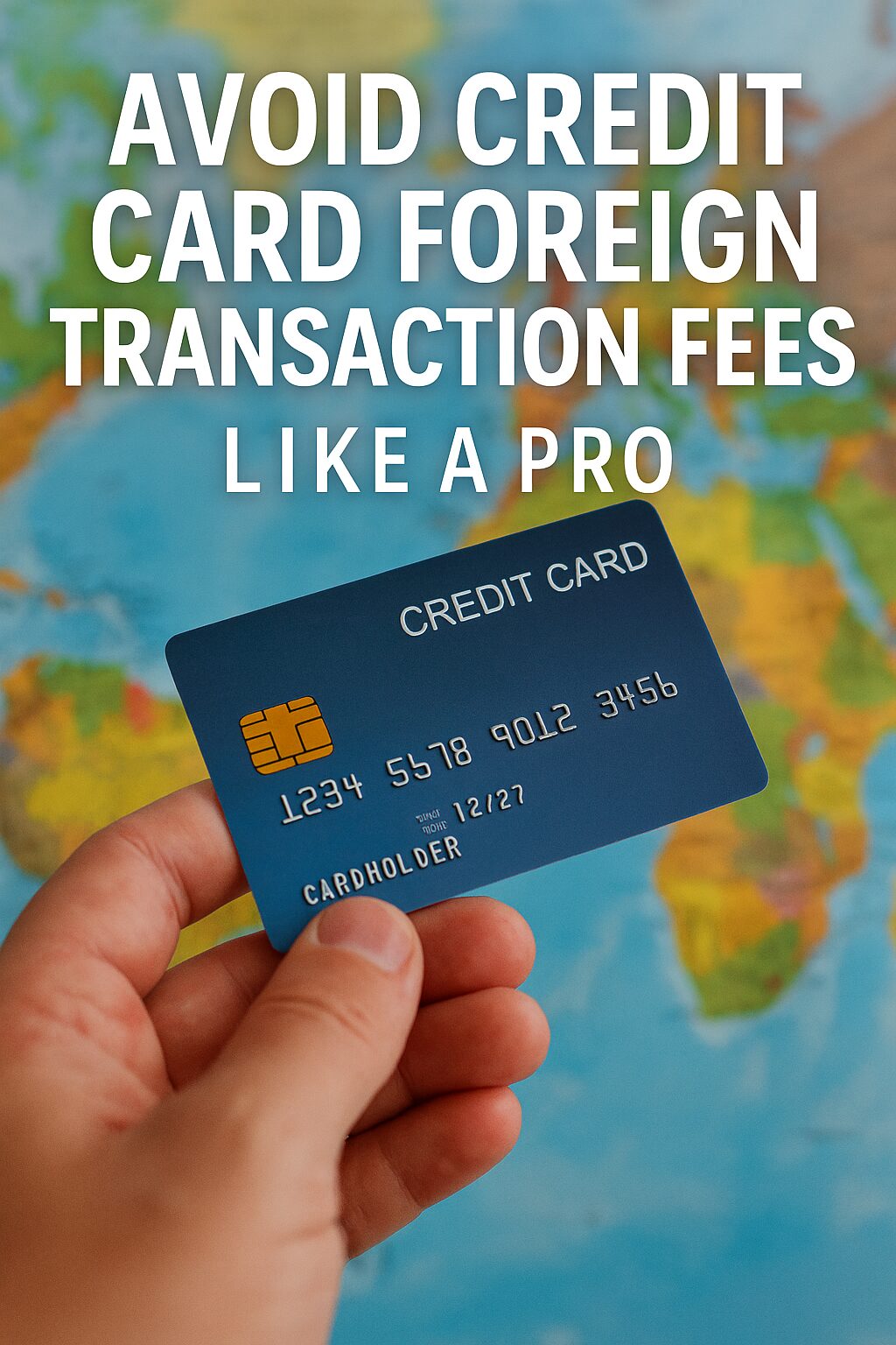 A close-up photo of a hand holding a credit card over a map, symbolizing international travel and spending