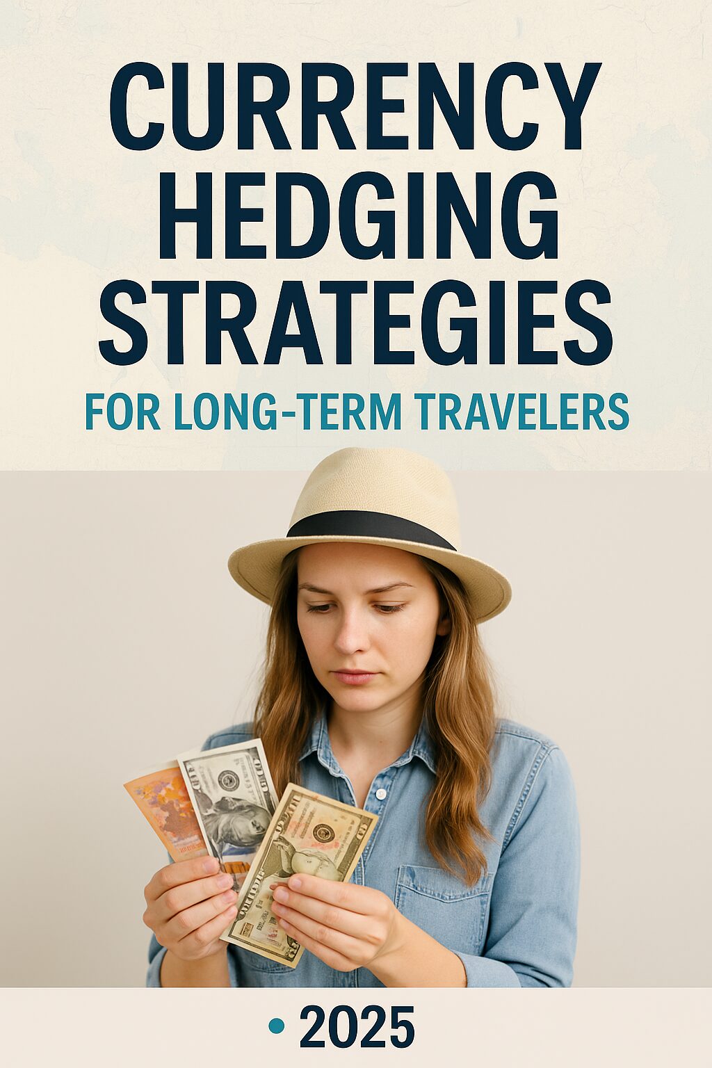 A traveler using a laptop and phone while managing currency exchange rates with a digital finance app