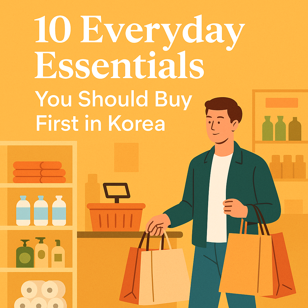 A foreign shopper buying daily essentials like T-money cards and SIM cards at a Korean convenience store in 2025