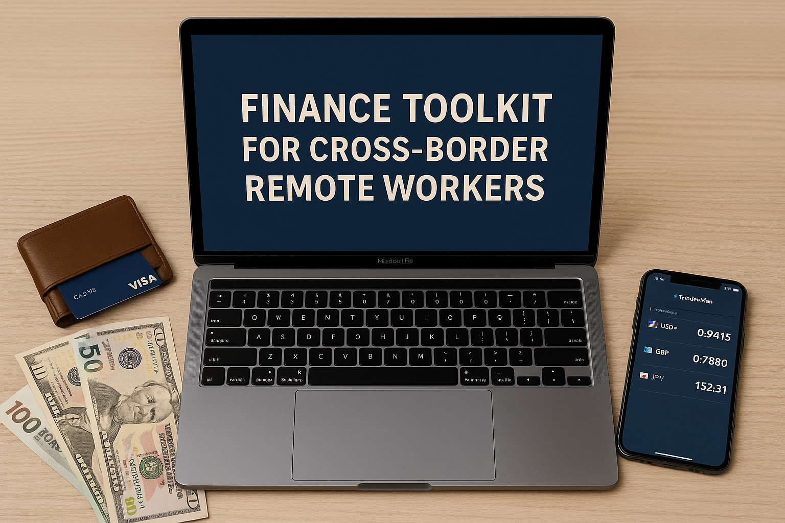 A digital photograph displays a modern workspace with a laptop showing a financial dashboard, a smartphone open to an invoicing app, an international debit card, and a notebook titled "2025 Remote Finance Plan," all arranged on a bright desk near a globe.