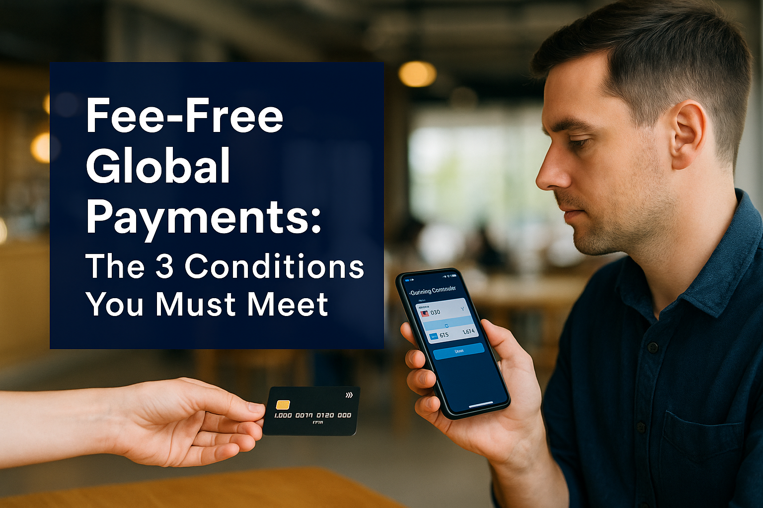 A remote worker managing international payments on a smartphone while sitting at a coworking café overseas in 2025