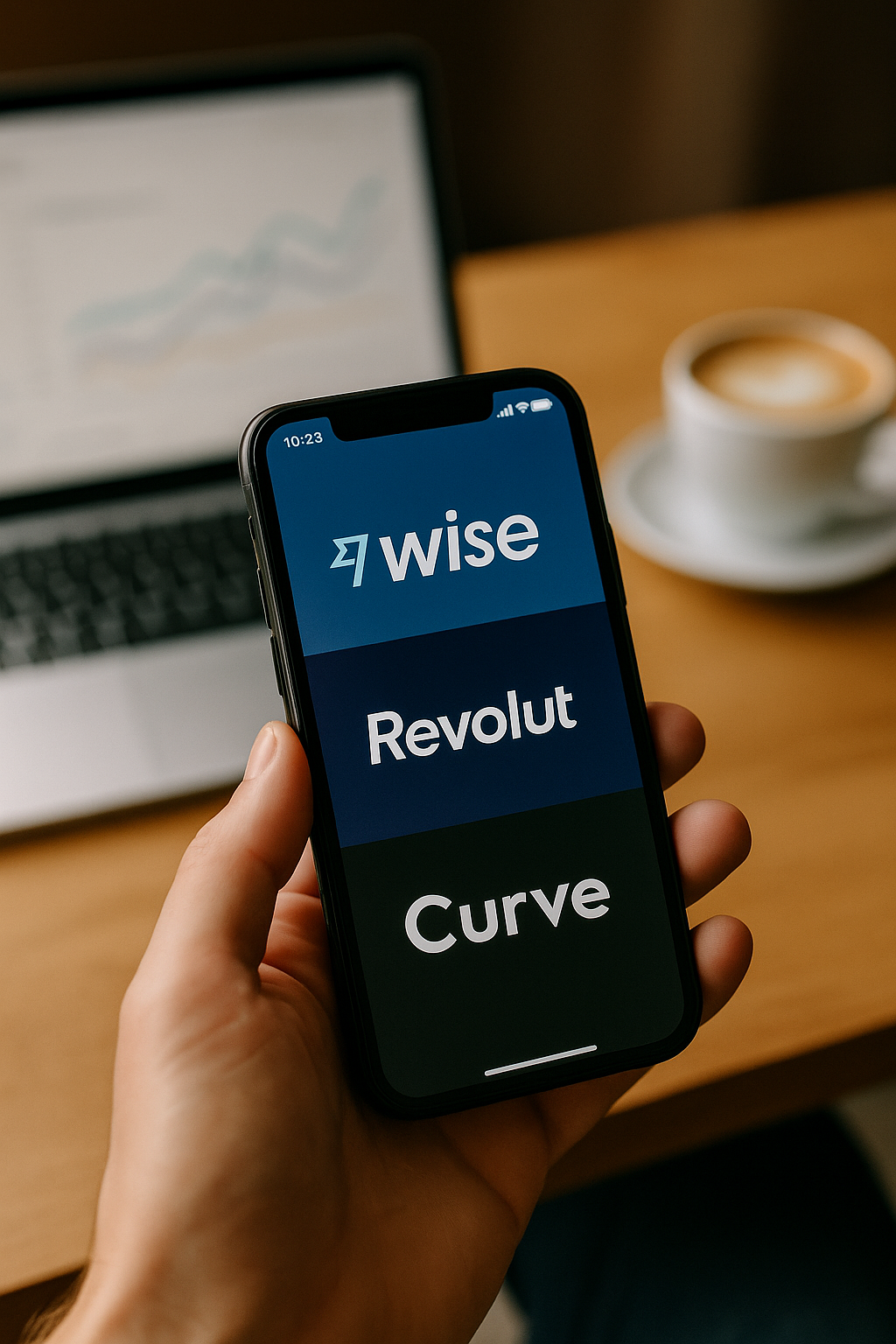 A smartphone displaying the logos of Wise, Revolut, and Curve, held in one hand, with a laptop and coffee cup in the background at a bright café workspace in 2025.