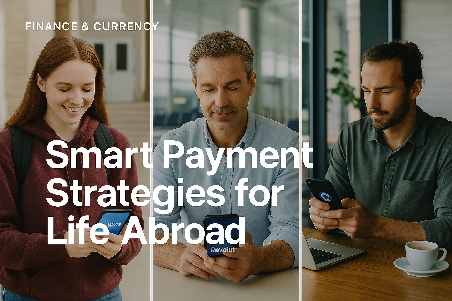 A foreign student, a traveler, and a remote entrepreneur each using mobile fintech apps to manage payments in real-world locations such as a university, airport lounge, and coworking café in 2025.