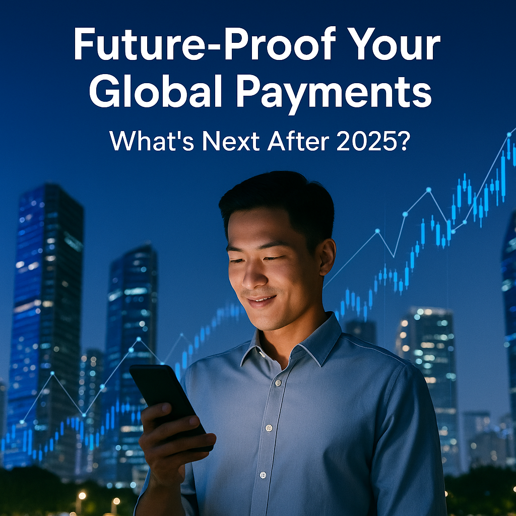 A young Asian man standing in a futuristic city at dusk, viewing financial data on his smartphone, with skyscrapers and digital graphs symbolizing future global payment technology in 2025 and beyond.