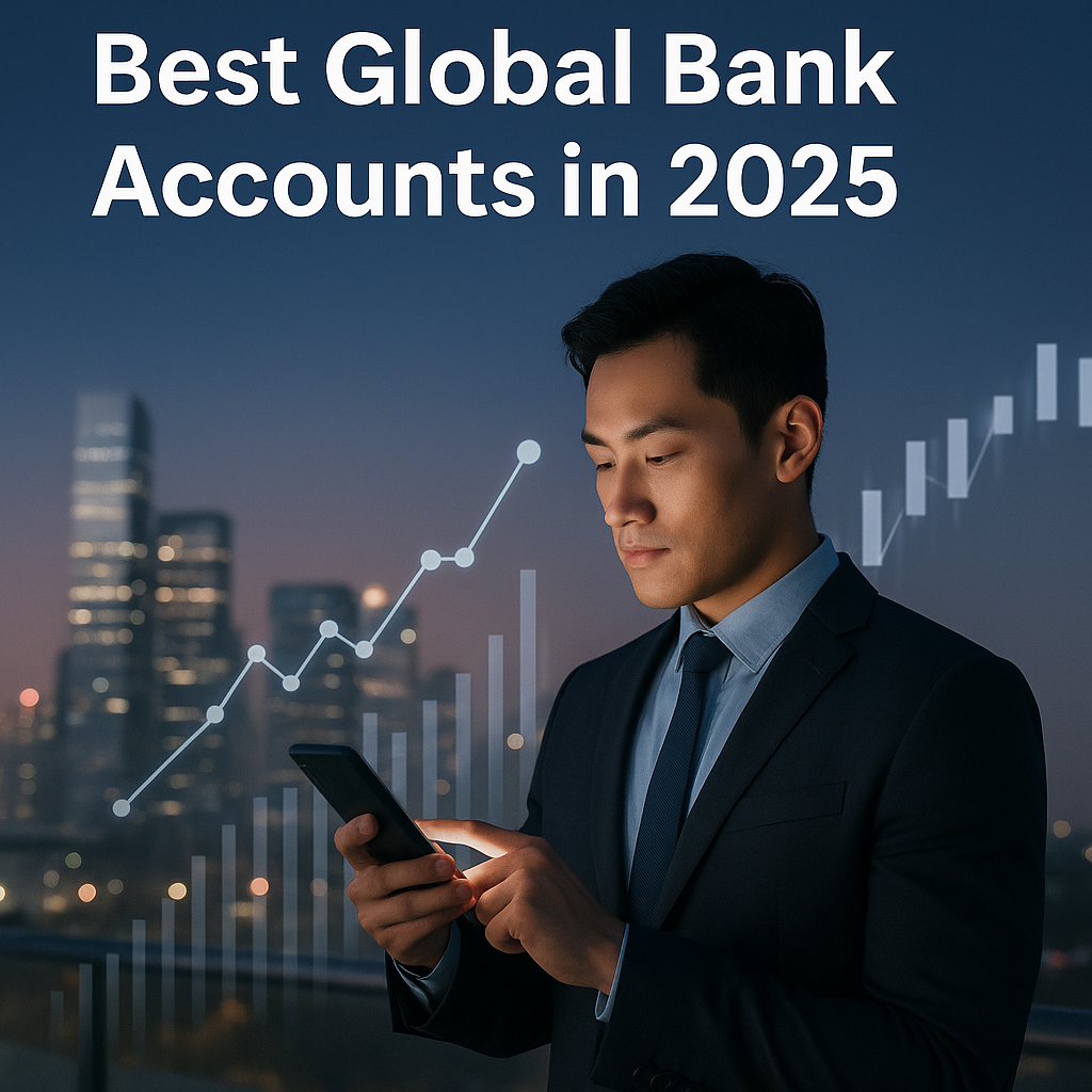 A young professional reviewing global banking trends on his smartphone while standing on a rooftop at dusk, with a futuristic city skyline and digital financial graphics in the background, symbolizing global bank account solutions in 2025.