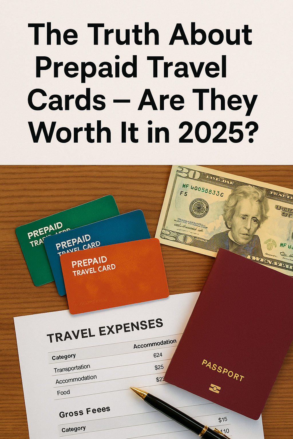 A digital photograph shows prepaid travel cards, a maroon passport, a US twenty-dollar bill, and a travel expense sheet neatly arranged on a wooden table, illustrating the concept of travel budgeting and prepaid card usage in 2025.