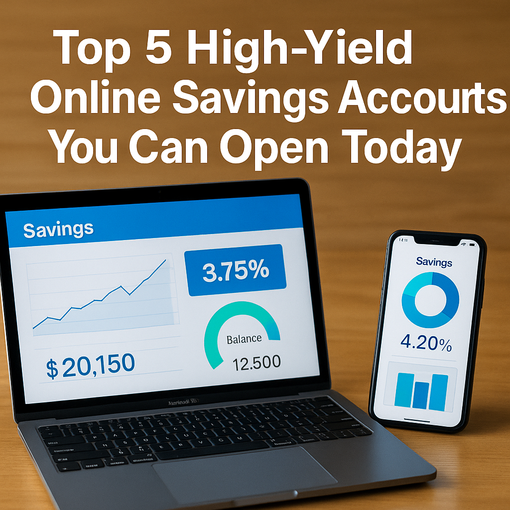 Laptop and smartphone screens showing colorful graphs of savings growth and interest rates, highlighting top online savings accounts.