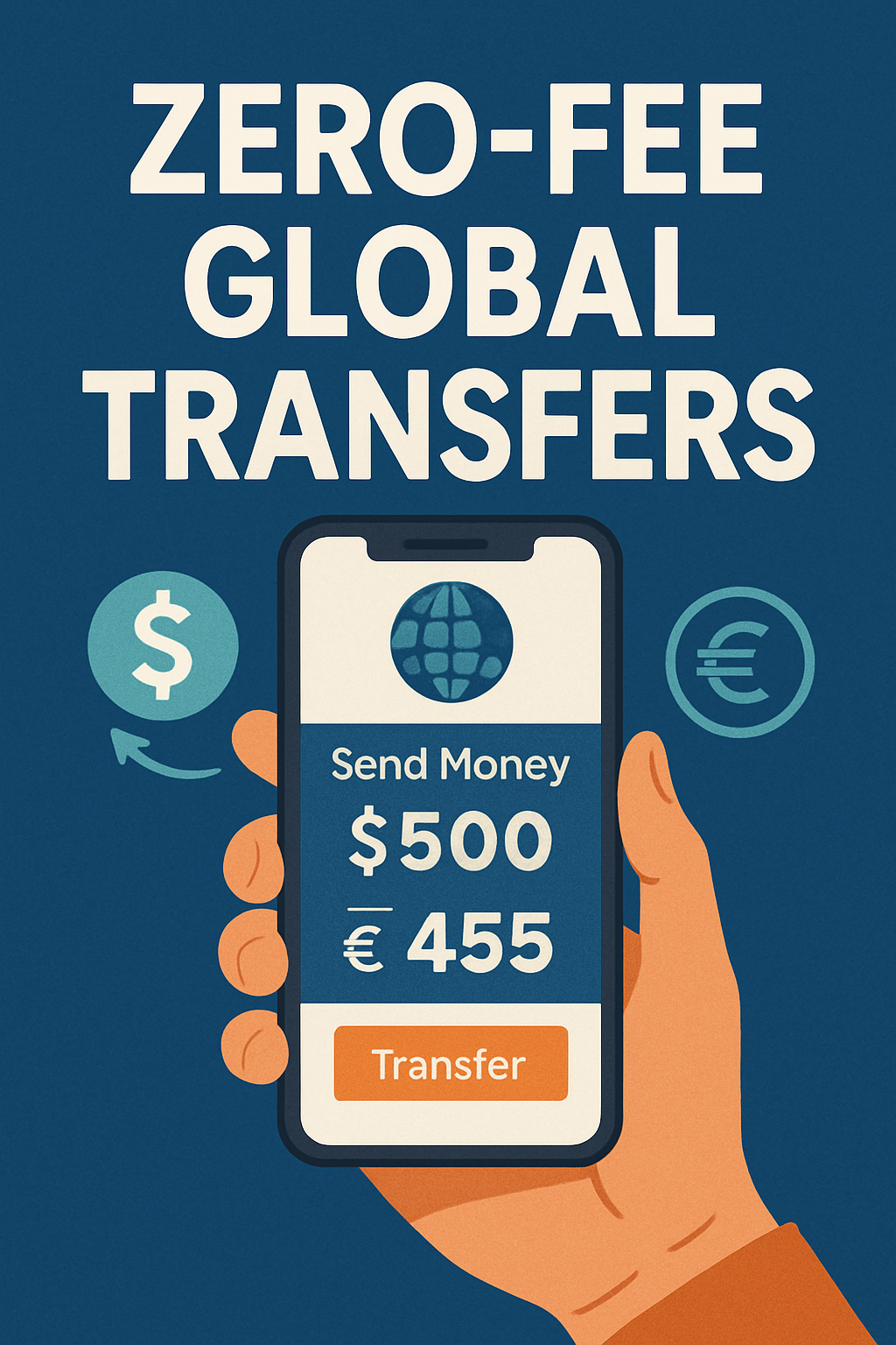 A hand holding a smartphone showing “Send Money $500 → €455” with a “Transfer” button at the bottom, against a global map background with currency symbols.