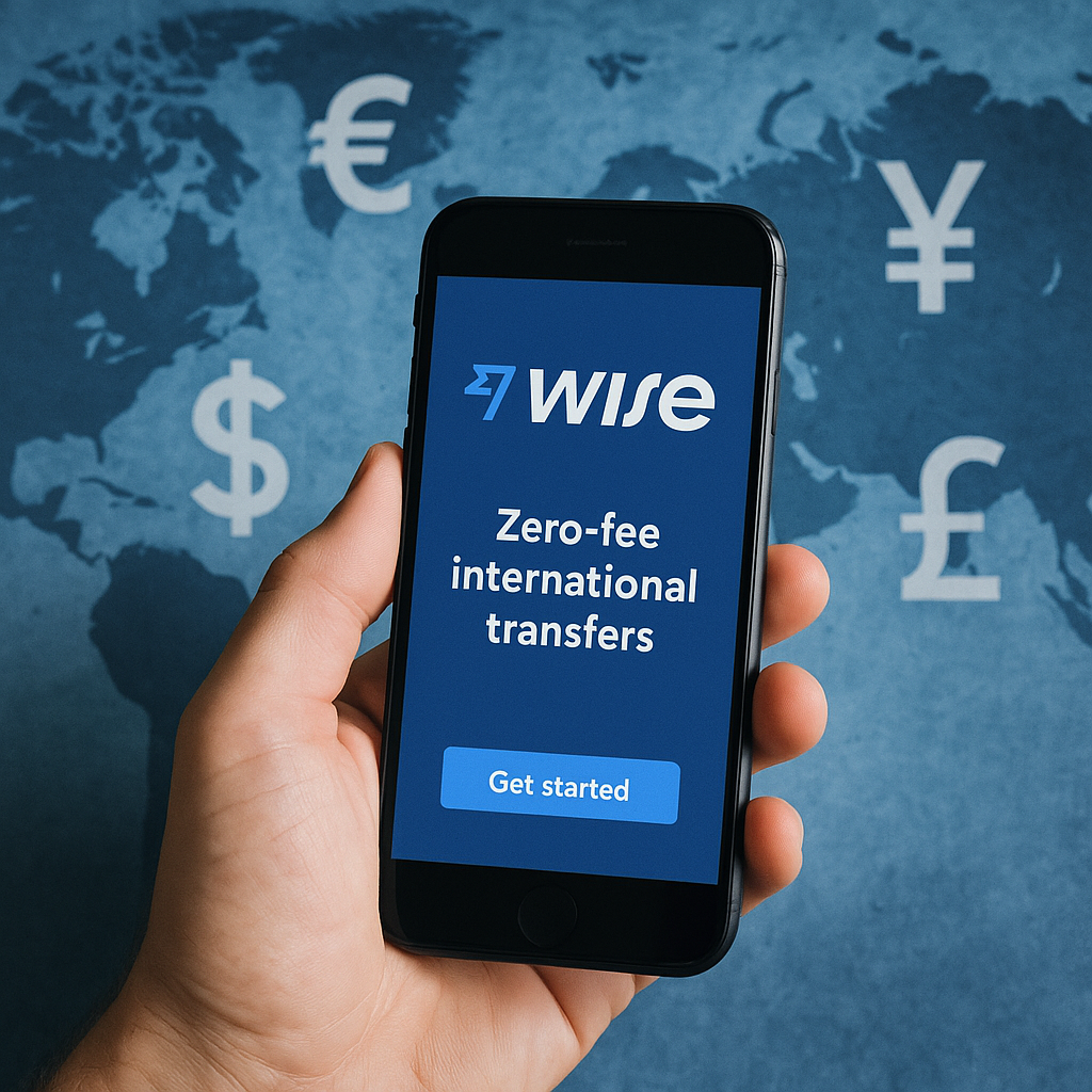 A hand holding a smartphone displaying the Wise app screen with the text “Zero-fee international transfers” against a blurred world map background with currency symbols.