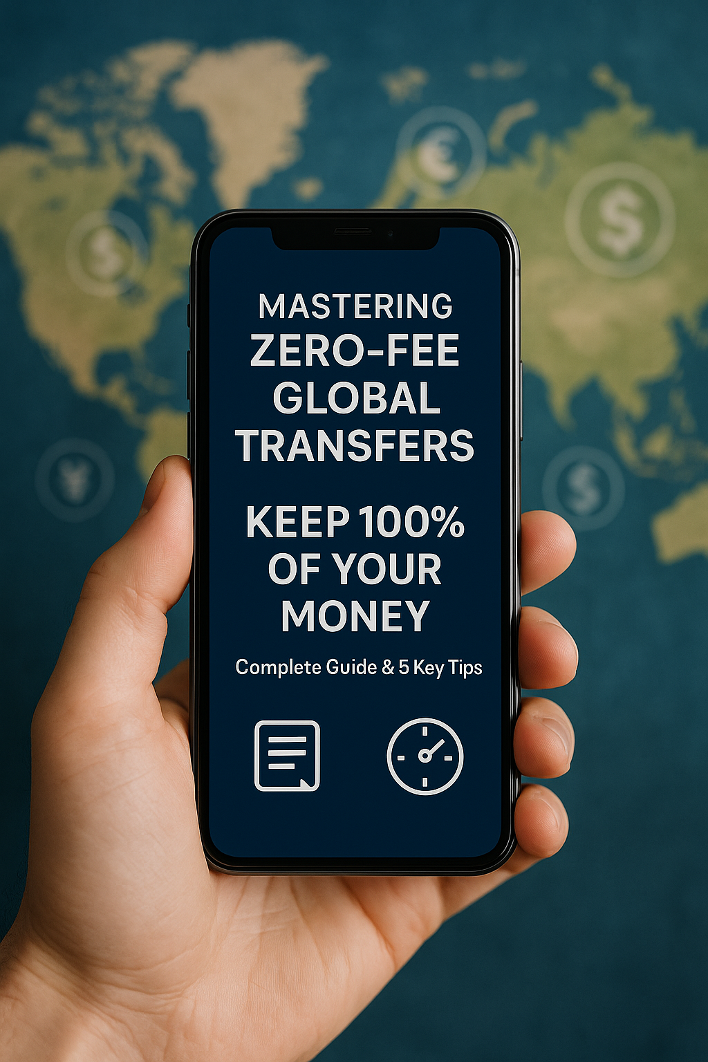 A hand holding a smartphone displaying “Mastering Zero-Fee Global Transfers: Keep 100% of Your Money – Complete Guide & 5 Key Tips” against a blurred world map background with floating currency symbols.