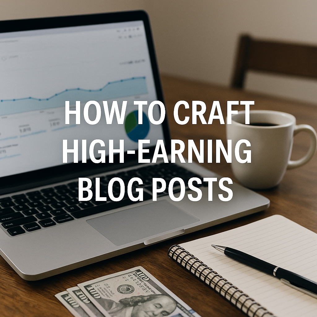 A photographer-style image of a laptop showing a growth chart on screen, next to a coffee cup and notebook, with white overlay text “How to Craft High-Earning Blog Posts.”