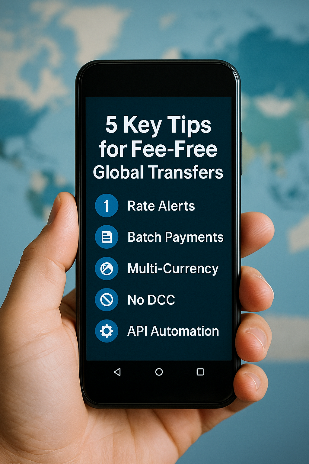 A hand holding a smartphone screen displaying a list titled “5 Key Tips for Fee-Free Global Transfers” with icons for Rate Alerts, Batch Payments, Multi-Currency, No DCC, and API Automation against a blurred world map background.