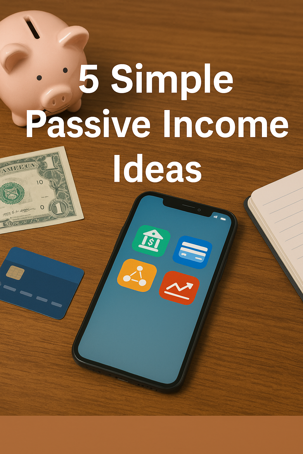 A wooden desk with a pink piggy bank, dollar bill, credit card, notebook, and a smartphone showing icons for savings, cashback, P2P lending, and stocks, overlaid with white text “5 Simple Passive Income Ideas.”