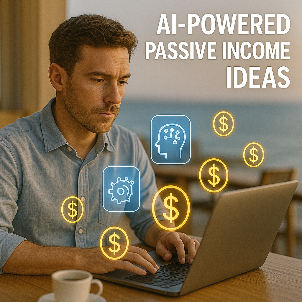 Digital-nomad entrepreneur working on a laptop at sunset with glowing AI icons and dollar signs