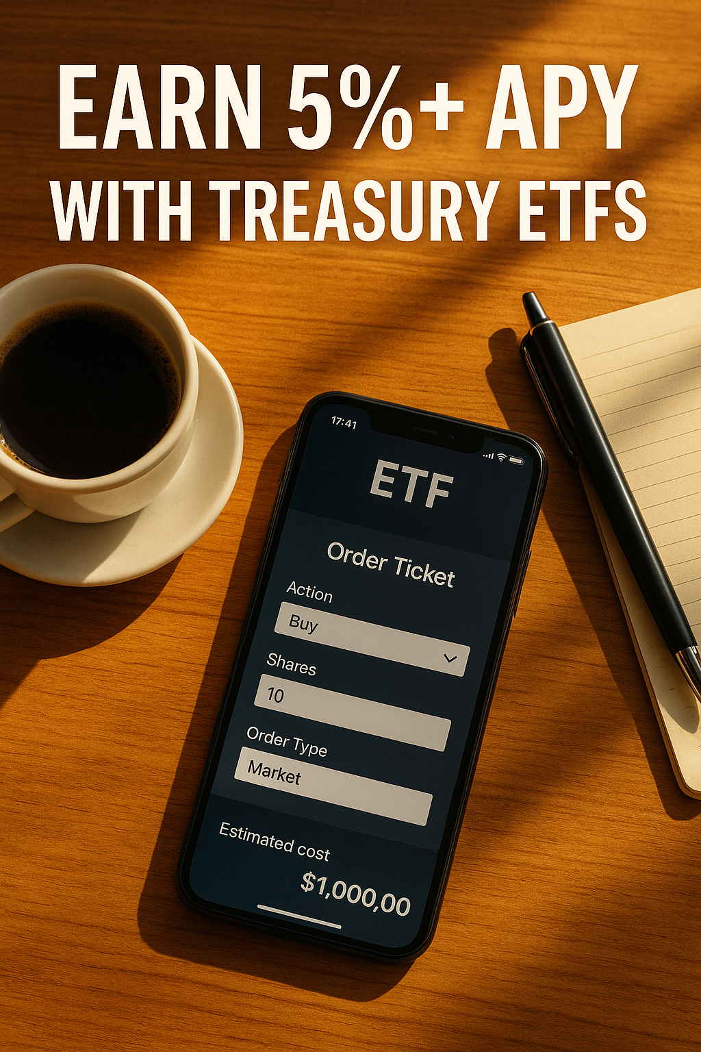 Flat-lay photograph of a smartphone showing an ETF order ticket beside a coffee cup, pen and notebook, with bold text “Earn 5 % + APY with Treasury ETFs”.
