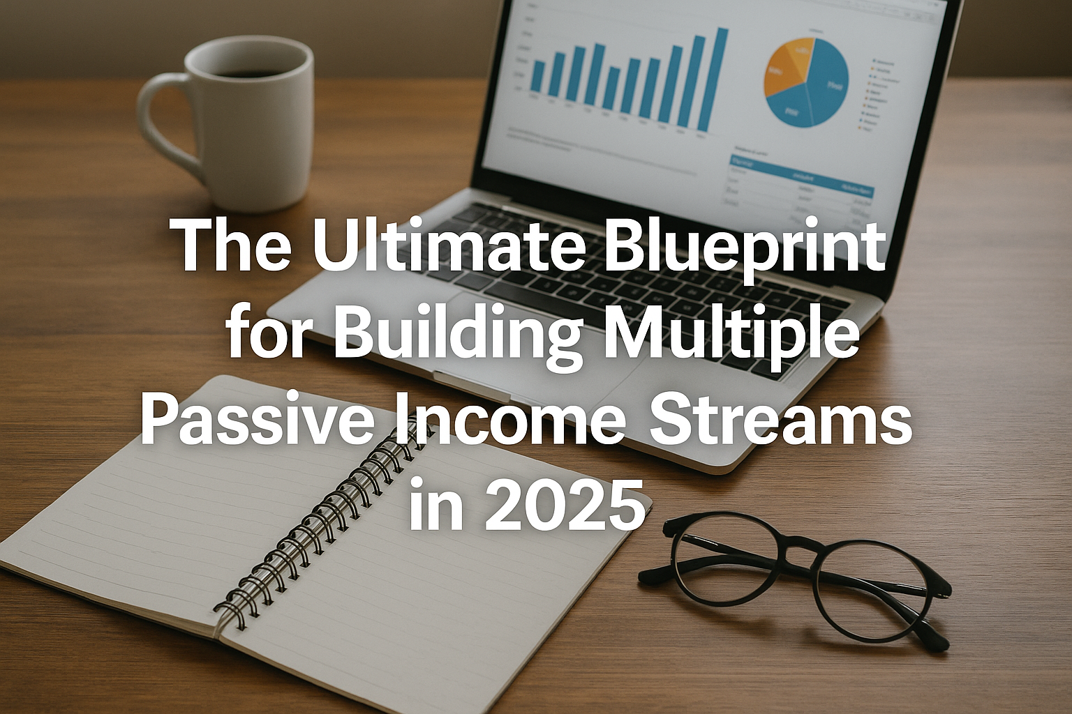 A laptop displaying financial charts, an open notebook with glasses on a wooden desk, overlaid with the title “The Ultimate Blueprint for Building Multiple Passive Income Streams in 2025.”