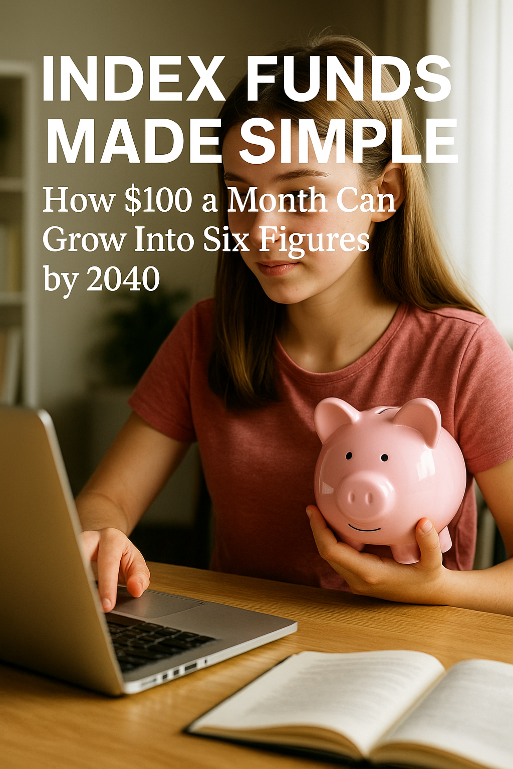 Teenage girl holding a pink piggy bank while studying index funds on a laptop; headline reads “Index Funds Made Simple: How $100 a Month Can Grow Into Six Figures by 2040”.