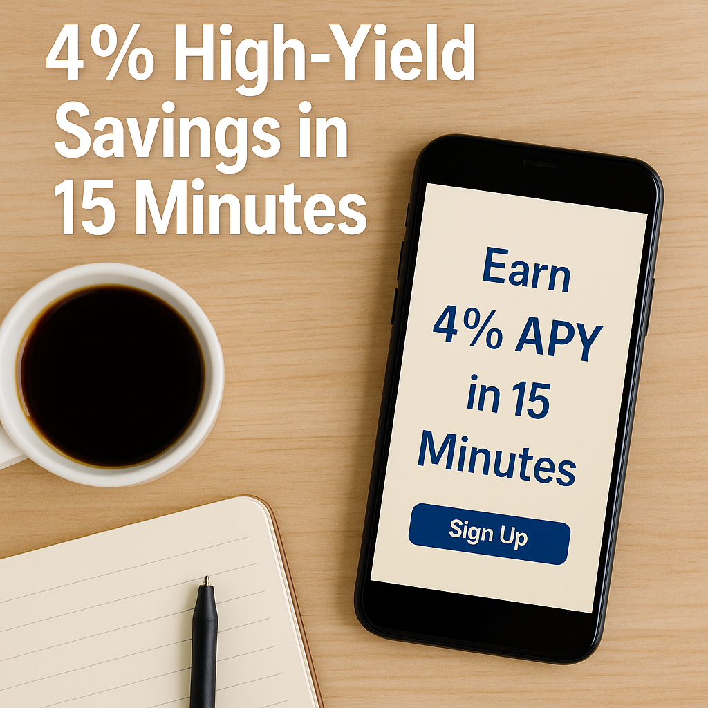 Smartphone showing a sign-up screen that reads “Earn 4 % APY in 15 Minutes,” with a coffee cup, notebook, and pen on a light wooden desk.