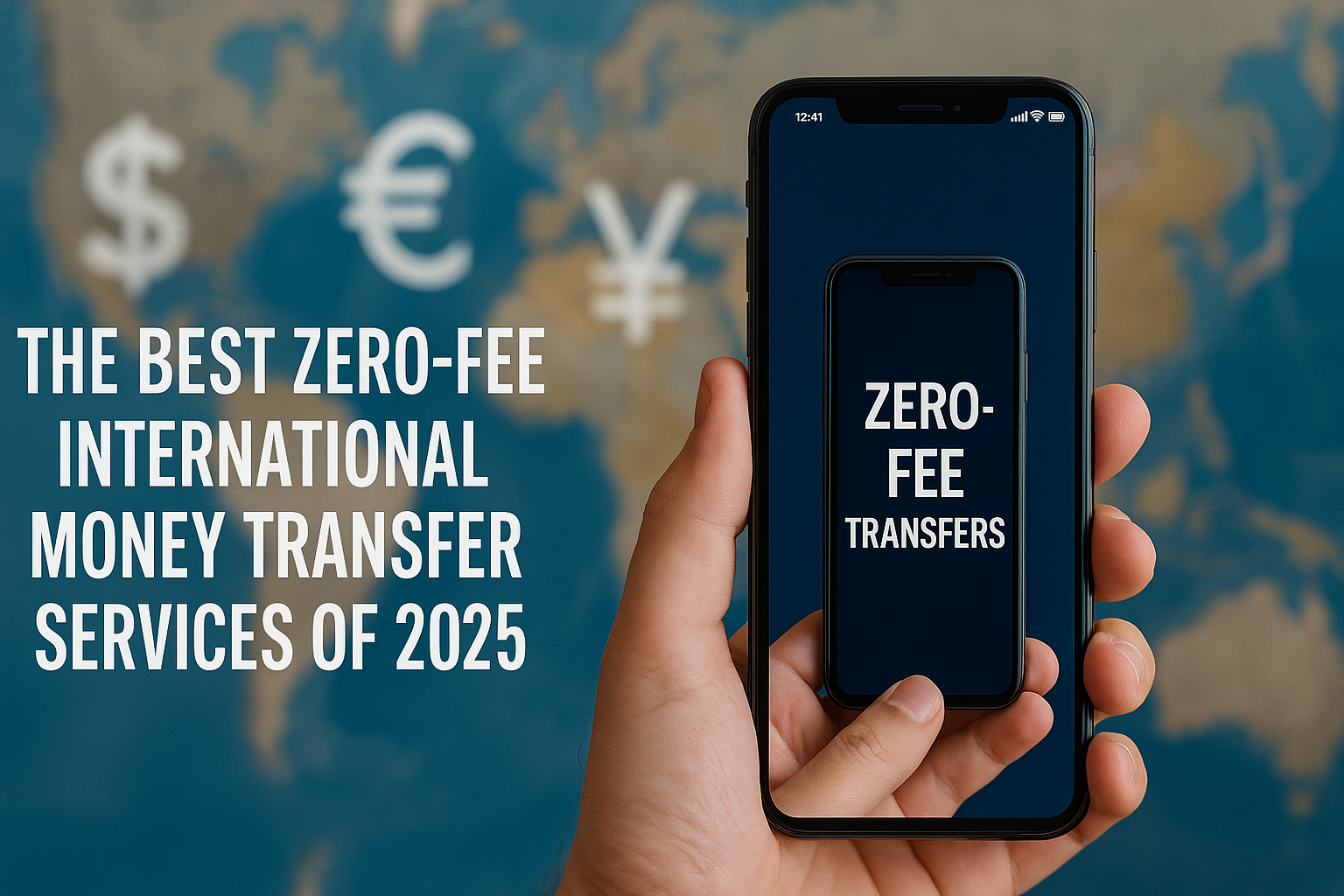 A hand holding a smartphone displaying ‘ZERO-FEE TRANSFERS’ with a blurred world map and currency symbols in the background