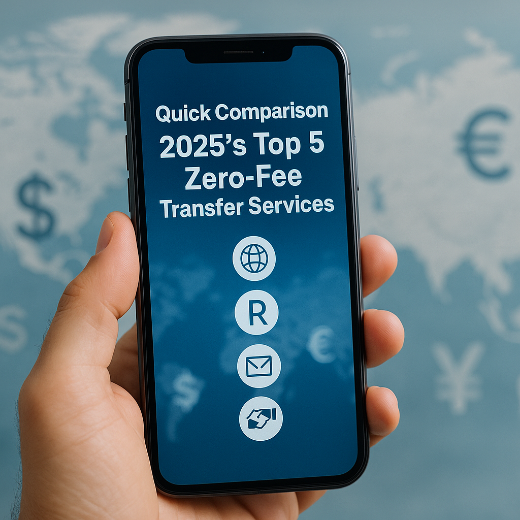 A hand holding a smartphone displaying an infographic of five service icons and the headline "Quick Comparison: 2025’s Top 5 Zero-Fee Transfer Services" against a blurred world map with currency symbols.