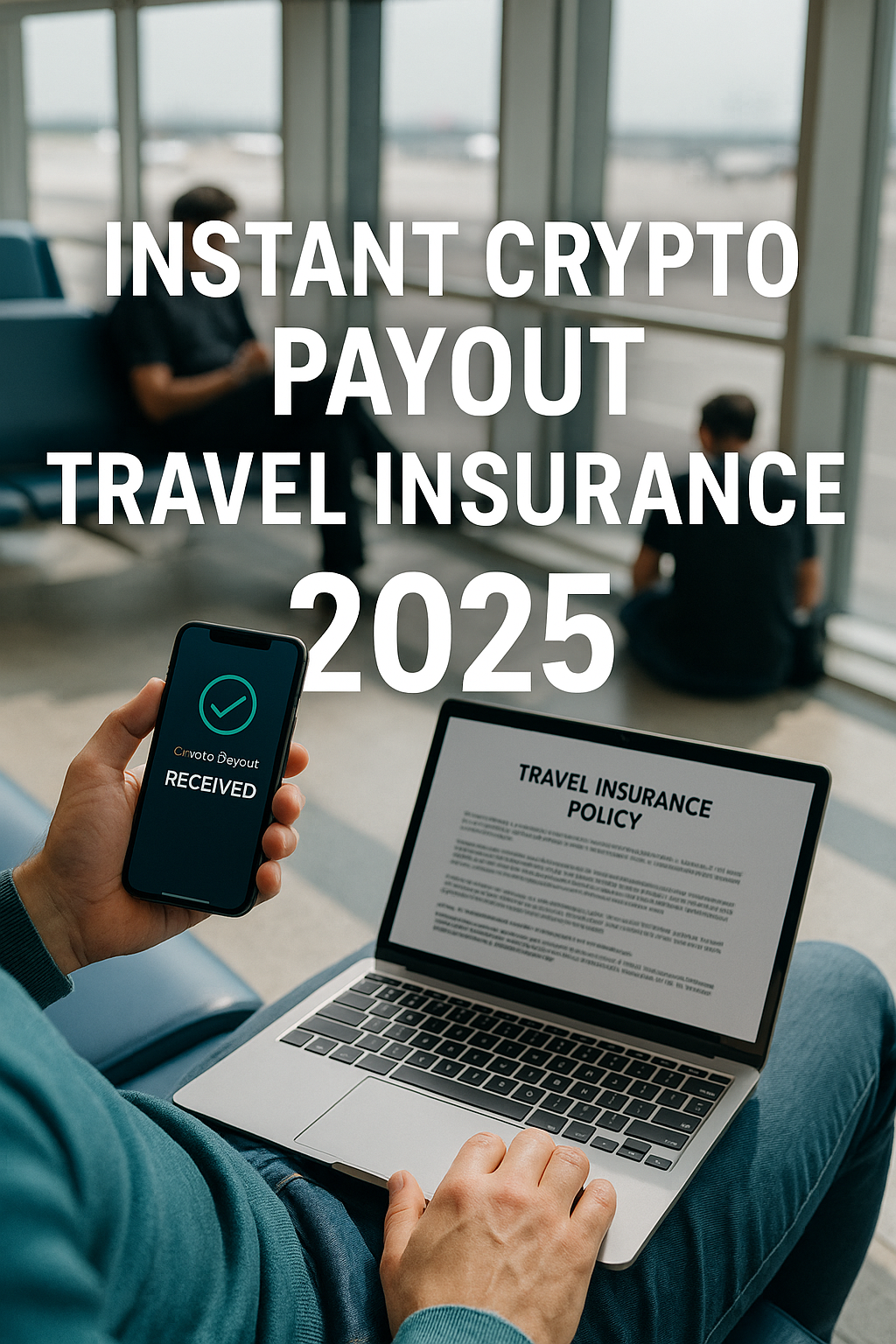 Traveler in an airport lounge viewing a smartphone confirming a crypto payout while a laptop shows a travel-insurance policy, illustrating instant blockchain settlements.