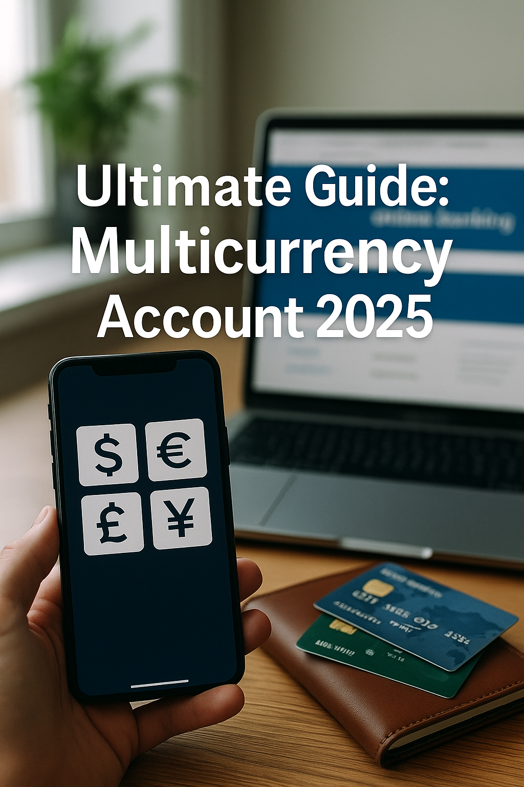 Smartphone showing multiple currency symbols, laptop with online banking page, and international credit cards—visualizing the 2025 multicurrency account guide.