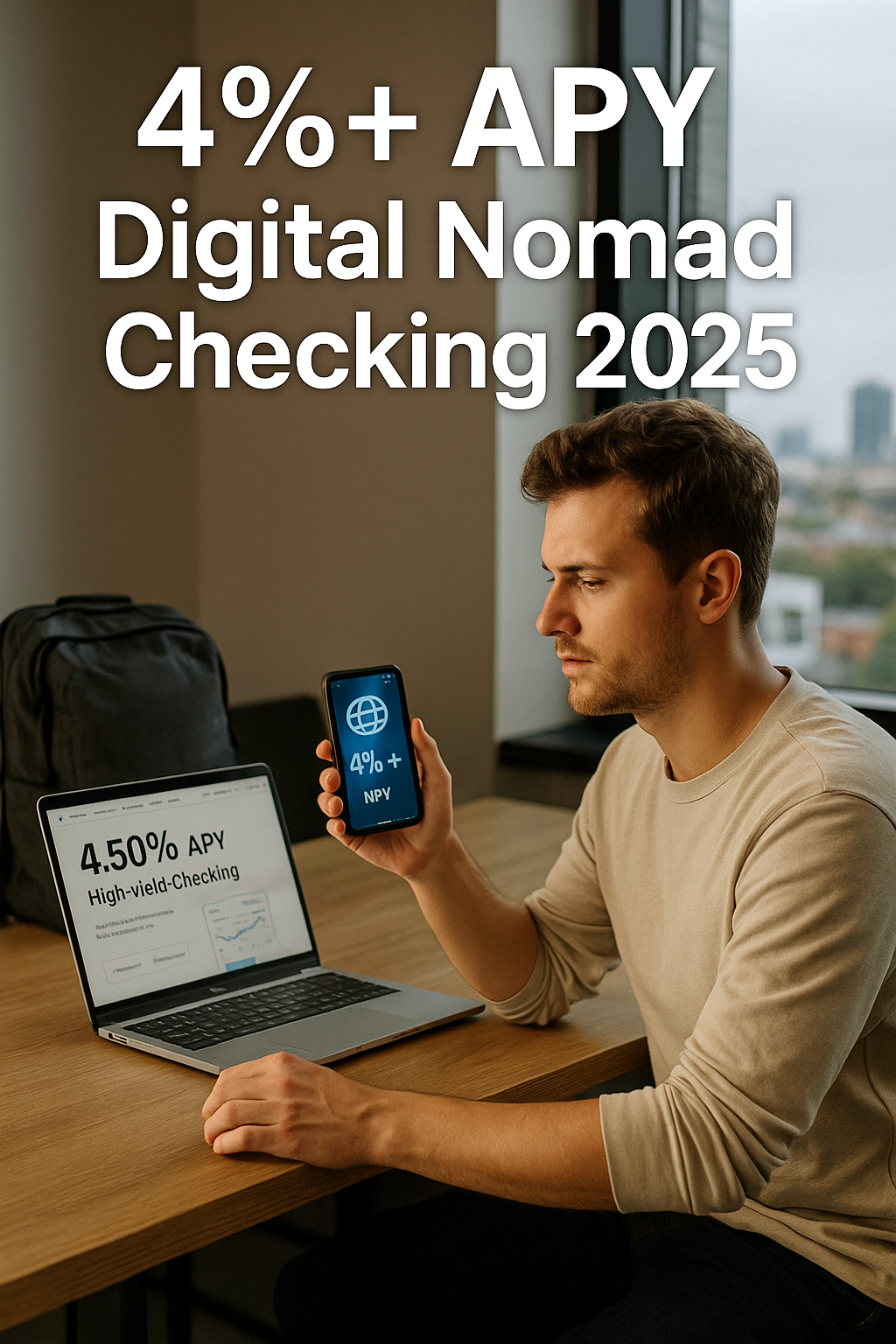 Digital nomad in a coworking space viewing a smartphone that shows 4 %+ APY, with a laptop screen displaying 4.5 % high-yield checking details.