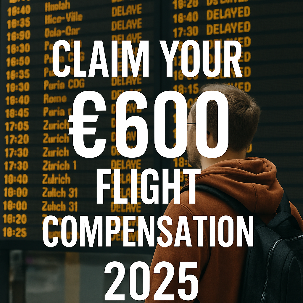 Traveler checking an airport departure board full of delayed flights, highlighting passengers’ right to claim up to €600 compensation.