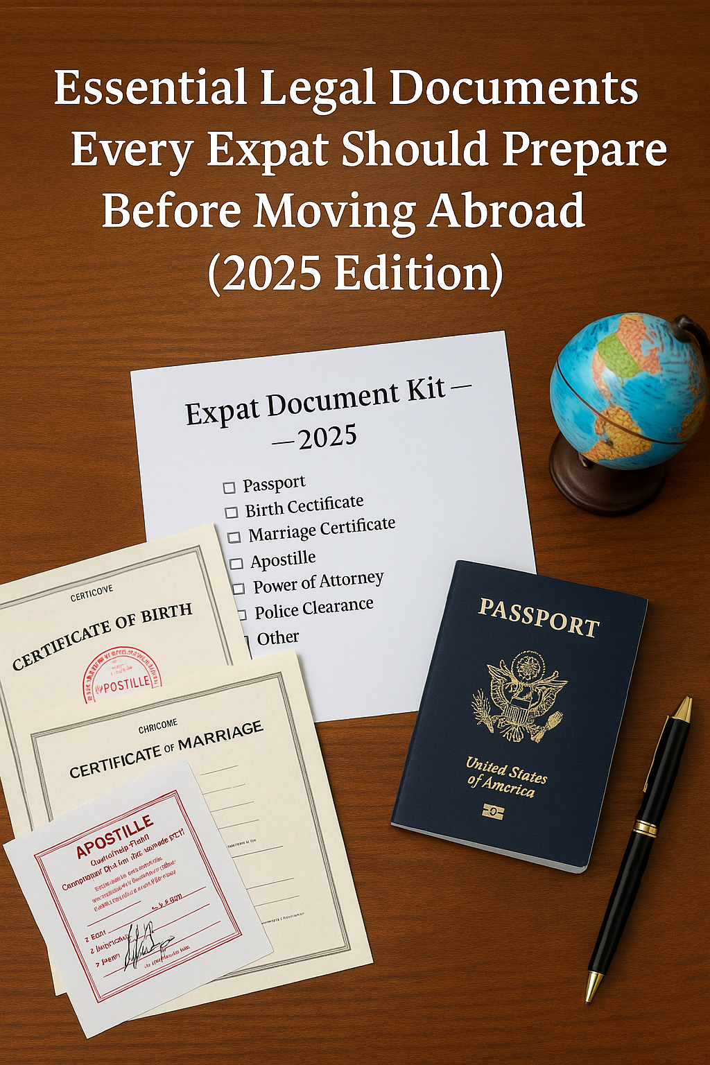 A neatly arranged wooden desk featuring certified birth and marriage certificates with apostille stamps, a U.S. passport, a checklist titled “Expat Document Kit — 2025,” a small globe, and a fountain pen. Large white text across the top reads “Essential Legal Documents Every Expat Should Prepare Before Moving Abroad (2025 Edition).”