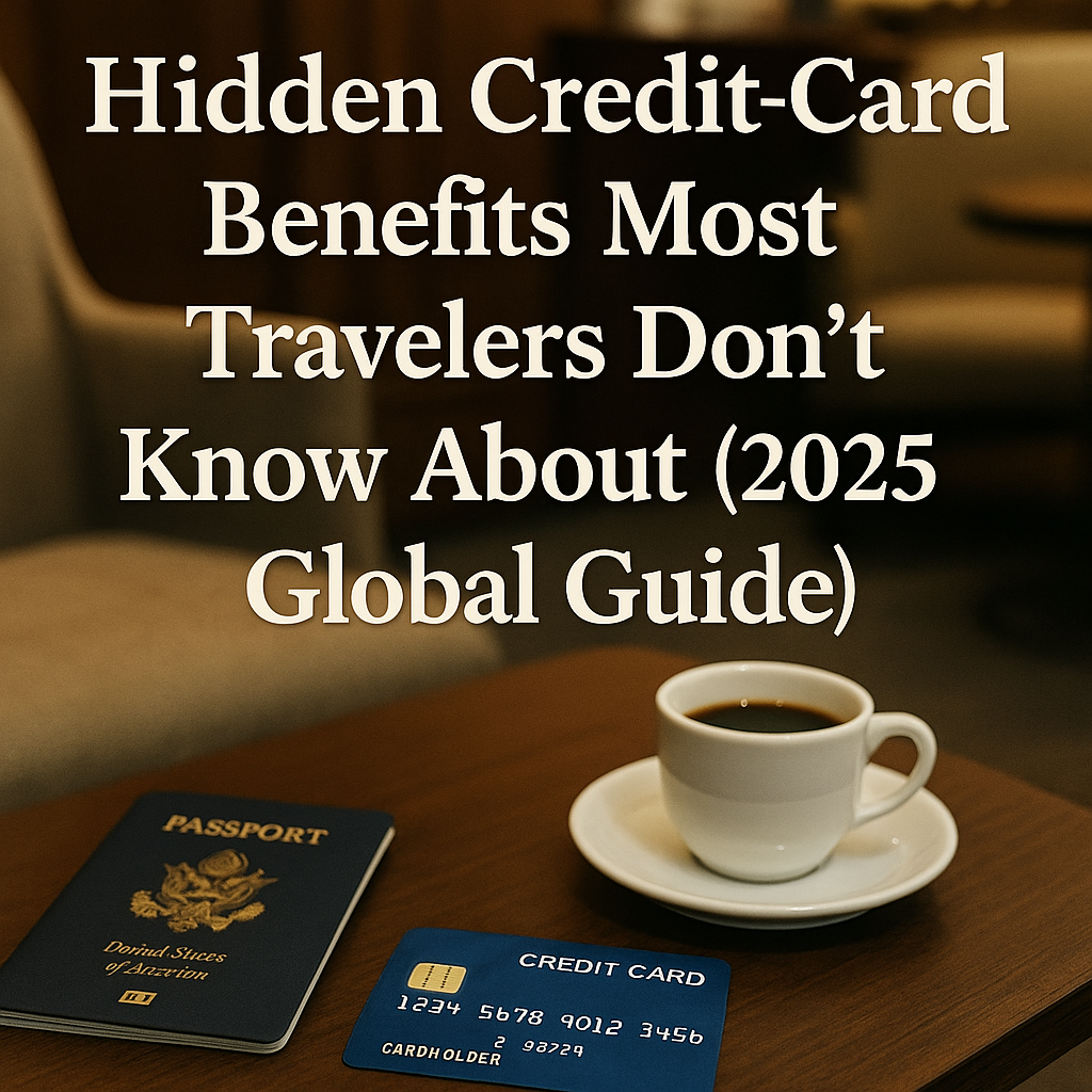 A premium blue metal credit card and a U.S. passport on a lounge table next to a cup of coffee, illustrating lesser-known travel perks.