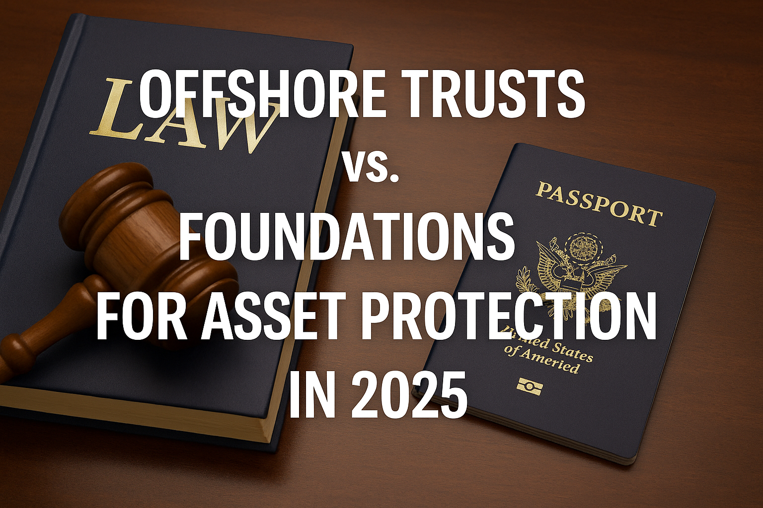 An open law book, wooden gavel, and U.S. passport arranged on a polished desk, conveying offshore asset-protection planning.