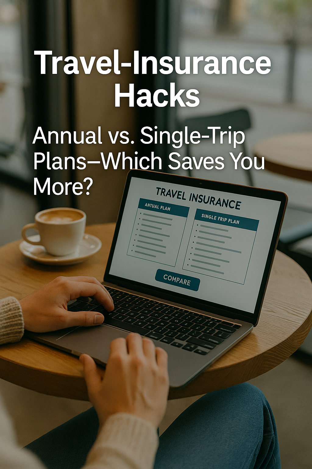 Laptop screen displaying annual vs single-trip travel-insurance comparison in a café.