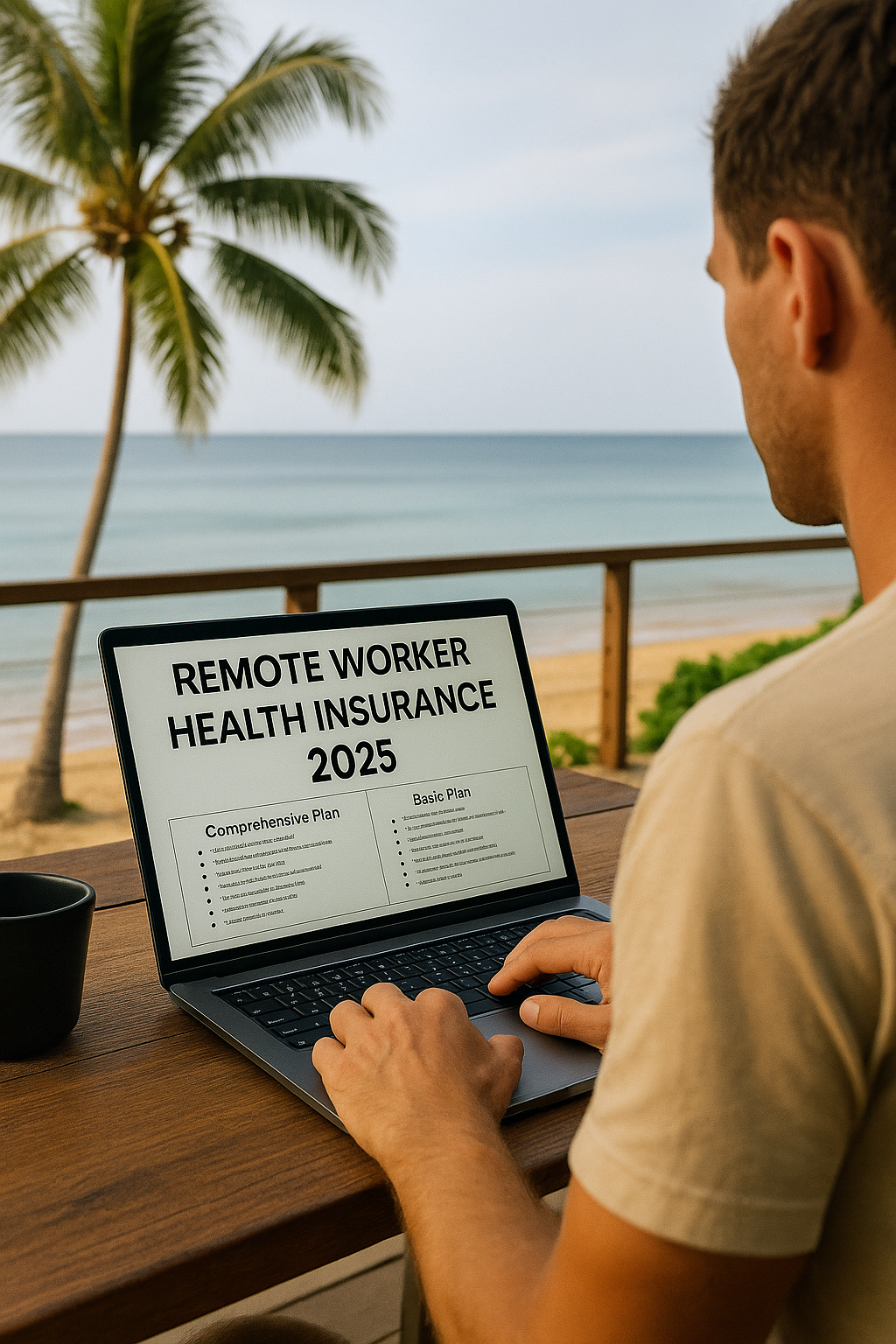 Remote worker reviews 2025 health-insurance plans on a laptop at a tropical beachside workspace.