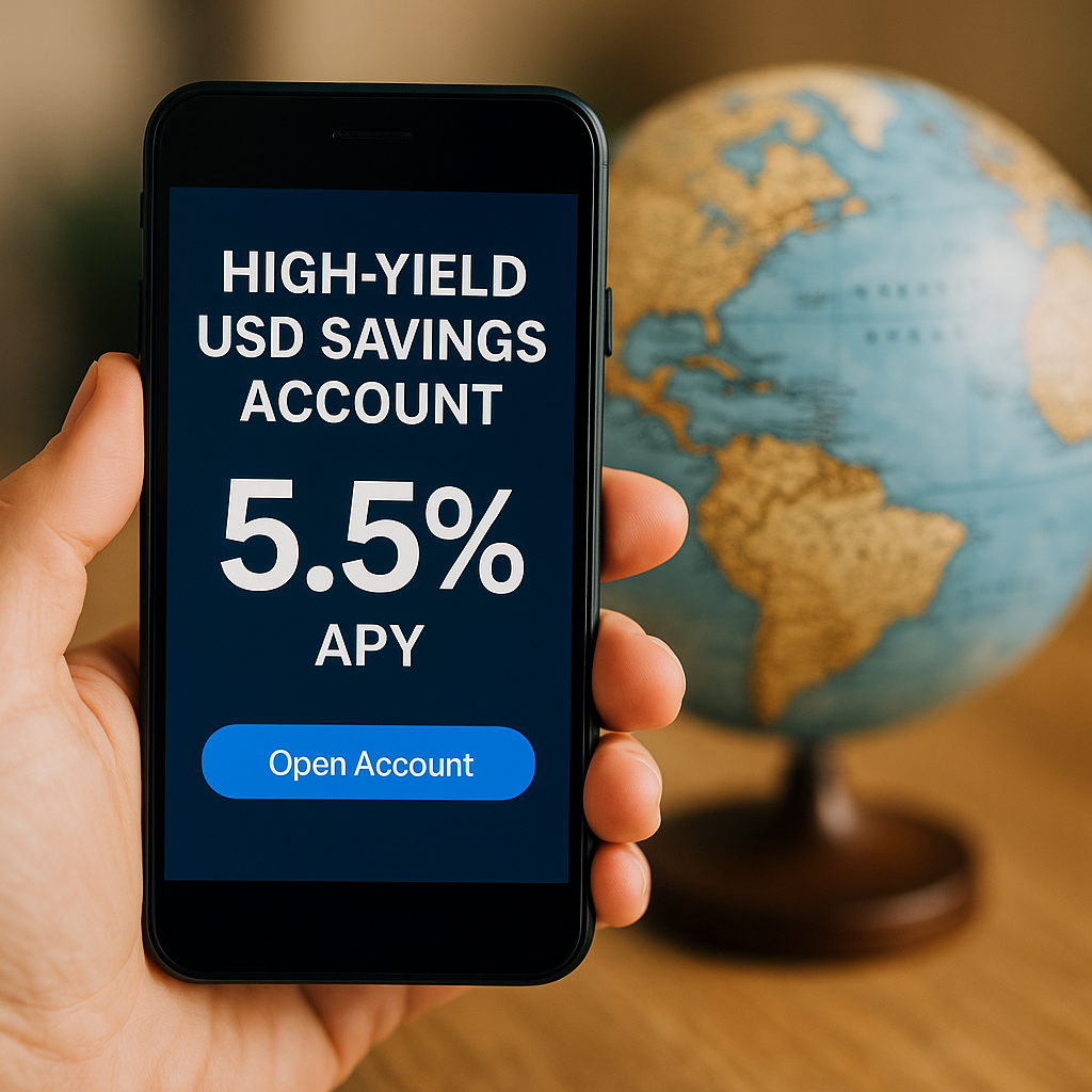 Smartphone displaying 5.5 % APY high-yield USD account with a globe in background.