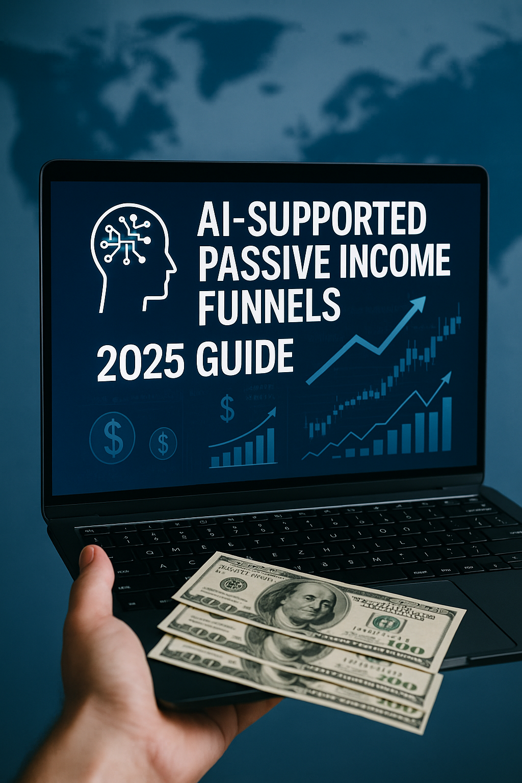 Laptop screen with “AI-Supported Passive Income Funnels – 2025 Guide” over financial charts; three hundred-dollar bills on the keyboard; blurred world map background
