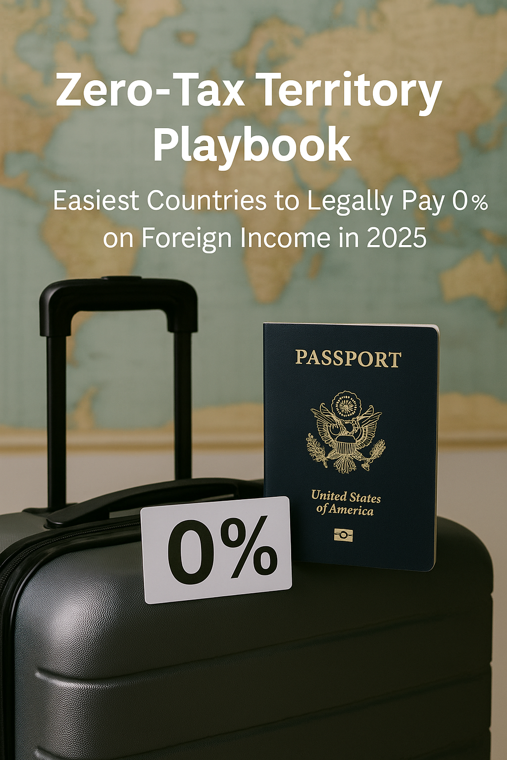 Close-up photo of a gray carry-on suitcase topped with a navy passport and a bold “0 %” card, blurred world map in the background, illustrating a zero-tax travel concept