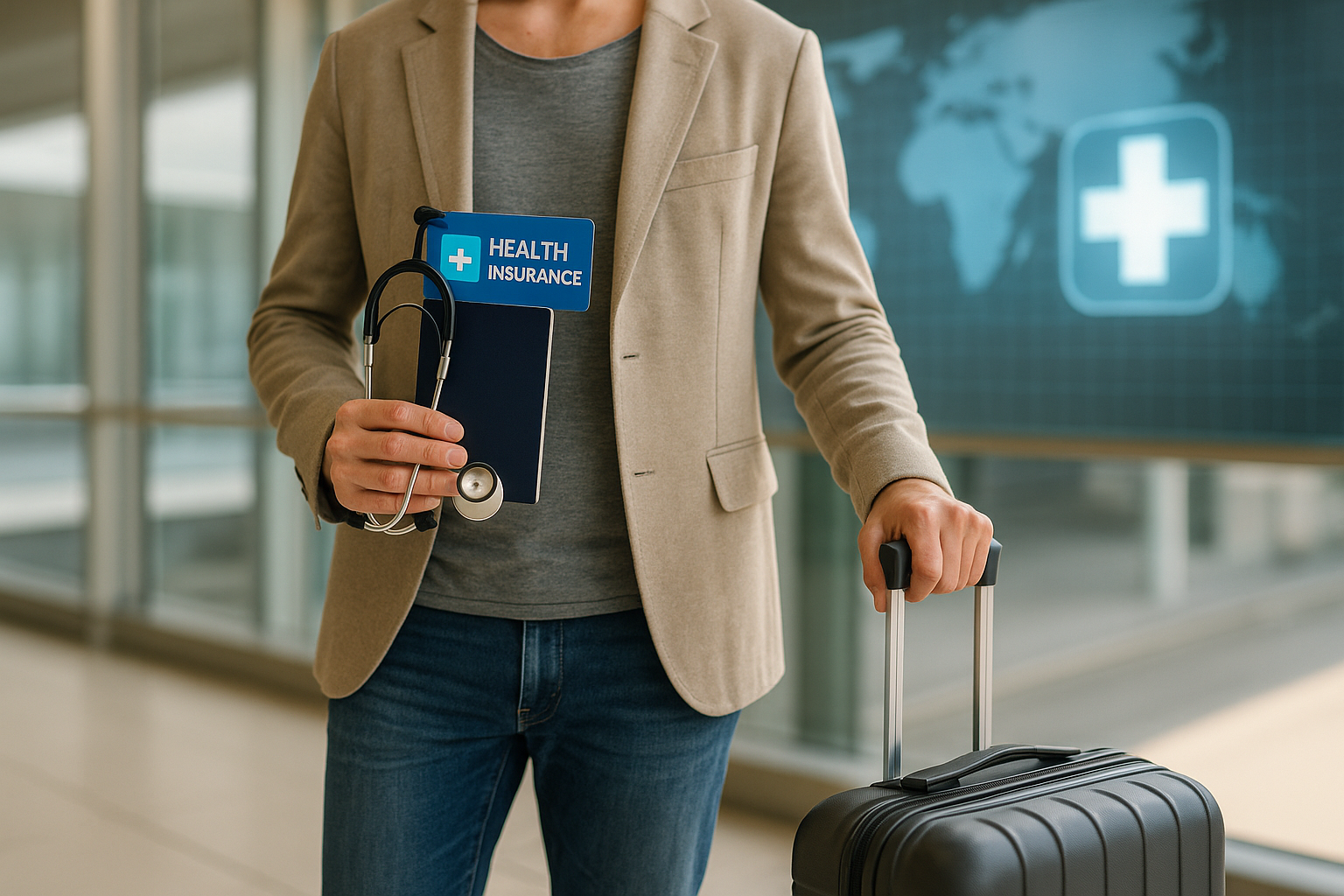 Traveler in an airport holding a passport wrapped with a stethoscope and a blue health-insurance card, luggage by their side, digital world-map medical icon in the background