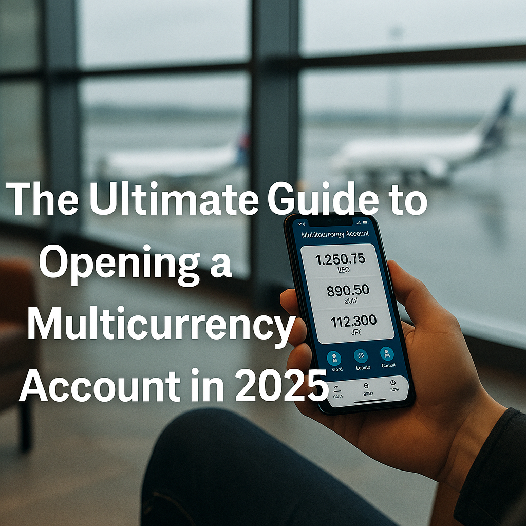 Traveler holding a smartphone that shows USD, EUR, JPY balances; world-map backdrop; caption “Multicurrency Account Guide 2025”.