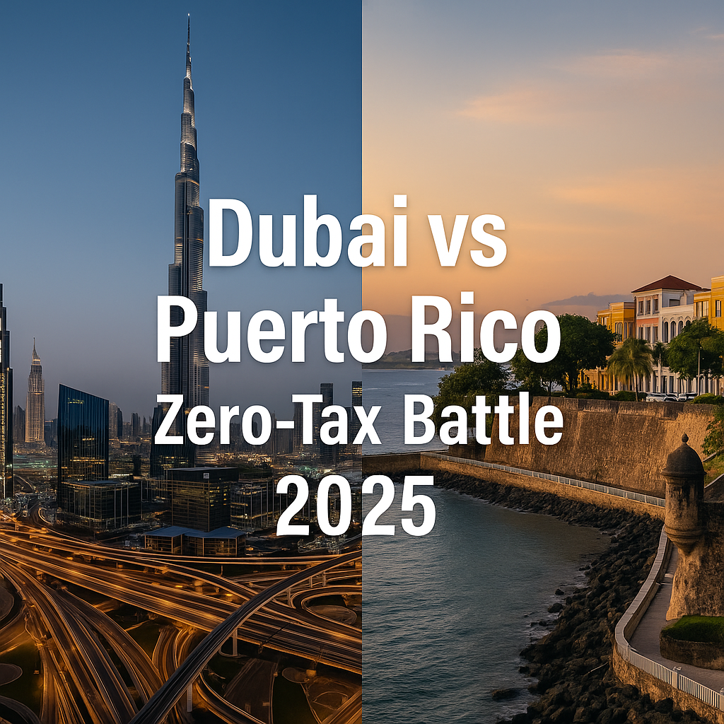 Split image—Burj Khalifa skyline vs. Old San Juan coast; overlaid title “Dubai vs Puerto Rico Zero-Tax Battle 2025”.