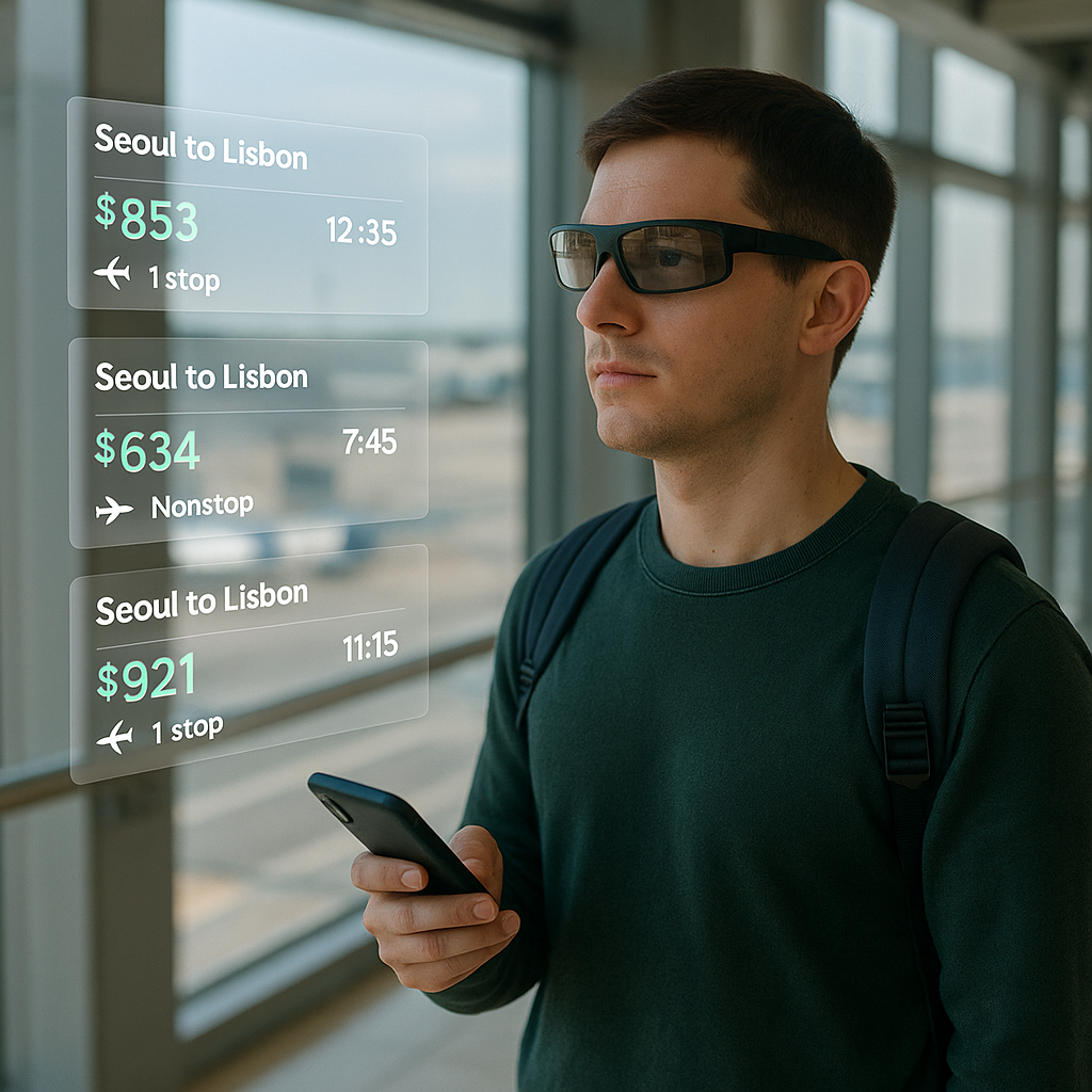 Traveler wearing AR glasses in airport; floating Seoul→Lisbon flight prices overlay.